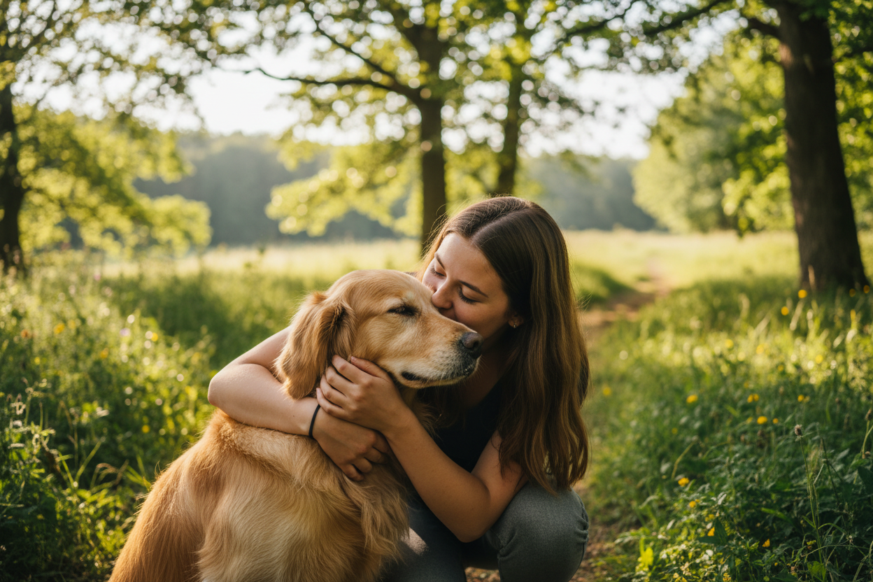 image d'un chien embrassé par une jeune femme sur un fond nature, de dimension compatible avec une image à afficher sur shopify de facon integrale.