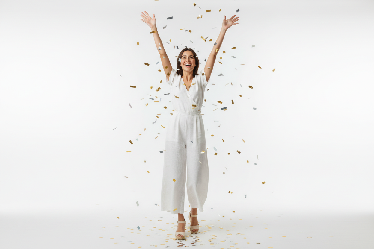 une image d'une jeune femme heureuse, jubilant avec les mains levées, de dimension compatible avec une image à publier sur shopify.